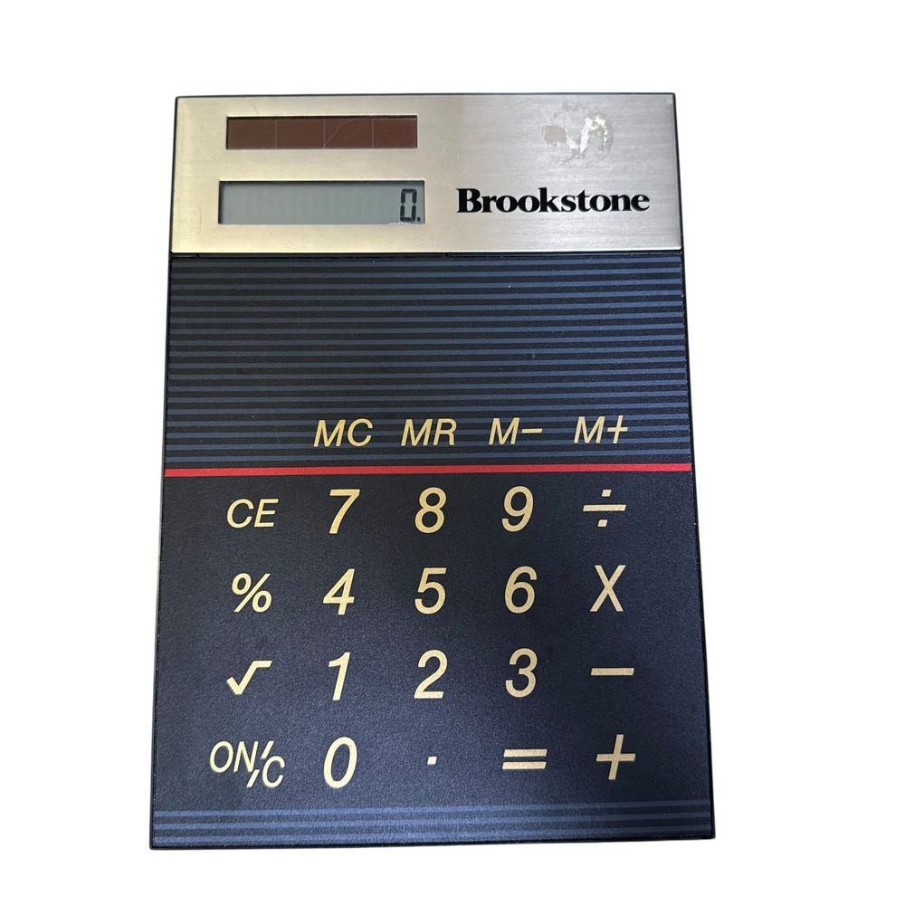 Vintage Brookstone Solar Powered Slim Desktop Calculator Black Silver Gold Retro